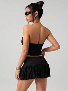 SHEIN ICON 吊带圆环短款上衣和低腰迷你裙两件套 - 黑色 - 查看 2
