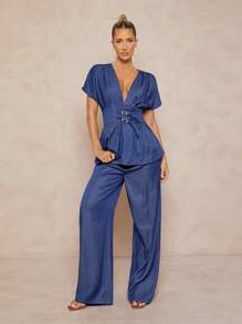Lumalex Fall Modest Old Money Rave Festival Outfits Formal Fall Modest Old Money Summer Swimsuit Swimwear Swim Vacation Elegant Easter Bohemian BOHO Sea Beach Hot Outdoor Richly Layered Wedding Season Banquet Coming Of Age Ceremony Beach Seaside V-Neck Ruffle Waist Buttoned Loose Straight Women Suit Set Office Outfits For Women Women Summer Clothing Women Plus Clothing Formal Women Plus Clothing Business Casual,Graduation,Teacher Outfits For Women,Back To School - Navy Blue - View 7