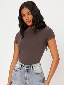 SHEIN BASICS Solid Form Fitted Tee/Summer - Mocha Brown - View 4