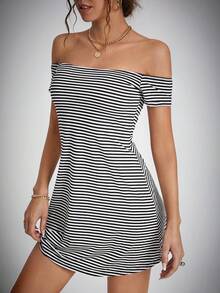 SHEIN Tall Striped Print Off Shoulder Dress,Tea Party Dress,Summer Dresses For Women - Black and White - View 1