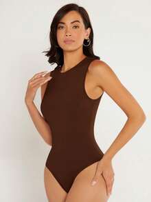 SHEIN BASICS Body tank de cuello redondo - Café integral - Ver 4