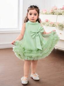 SHEIN Baby Girl Woven Plain Collar Splicing Mesh Ruffle Hem Fitted Dress - Green - View 5
