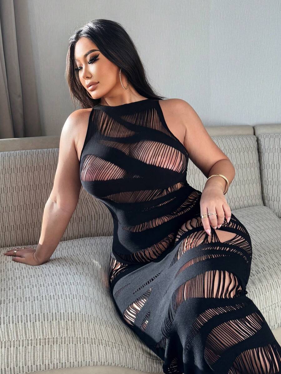 NU&NOW Váy sọc rỗng gợi cảm cho nữ cỡ lớn - màu đen - Xem 1