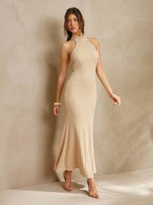 L'Amorae Women's Elegant Pattern Crochet SleevelessHalter Neckline Fitted Fishtail Hem Summer Vacation Maxi Dress, Summer Outfits For Women, Vacation Outfits, 4th Of July Outffits, Beach Outfits For Woman - Brown - View 3