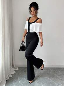 Selianne Mono elegante de mujer con color contrastante y hombros al descubierto para el verano - Blanco y Negro - Ver 3