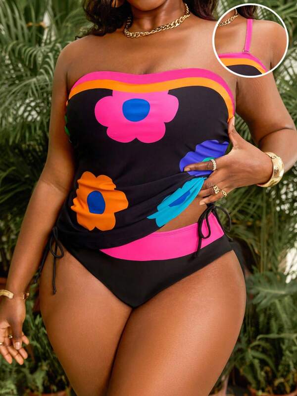 Slaydiva 2pcs Plus Size Women Floral Print Black Base Halter Tankini Top With Drawstring High Waist Bottoms, Summer Beach Vacation