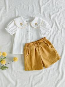 SHEIN Vintaside Kids طقمين ملابس أنيقة وعصرية للأطفال البنات لفصلي الربيع والصيف، طراز القرية المجعد المنقش