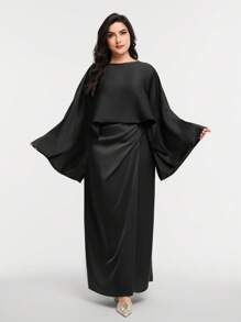 Veilorie Set in großen Größen für Damen mit einfarbigem Shirt mit Rundausschnitt und Fledermausärmeln und plissiertem Midirock, 2 Stücke, elegant und dezent