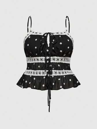 ROMWE Avant Plus Size Sicilian Vacation Retro Polka Dot Hollow Lace-Up Multilayer Camisole