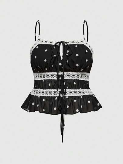ROMWE Avant Plus Size Sicilian Vacation Retro Polka Dot Hollow Lace-Up Multilayer Camisole