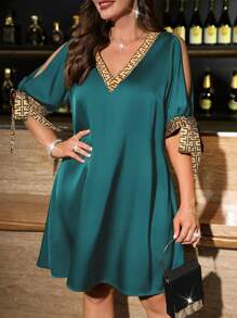 DreamSkyne Vestido de mujer con escote en V, parches y hombros con lazos recortados, para primavera/verano - Agua verde azul - Ver 3
