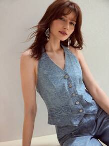 MOTF STUDIO HALTER JACQUARD DENIM TOP - Blue - View 6