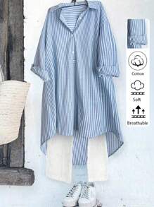 Linhara Plus Size Women's Classic French Style Retro Striped Shirt, Casual All-Match Versatile Fashion Urban Lady Vibe, Chic Design, Stylish Slim Fit Blouse Suitable For Layering With Jackets Or Tanks Fall Cloth For Women