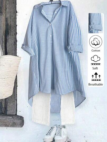 Linhara 大码女式经典法式复古条纹衬衫，休闲百搭百搭时尚都市淑女风，别致的设计，时尚修身衬衫，适合与夹克或背心搭配