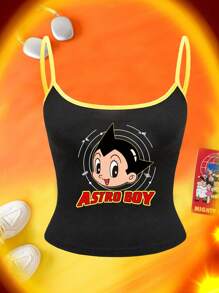 Astro Boy X SHEIN Women's Cartoon Pattern Fitted Cropped Camisole Top For Summer - Black - View 7