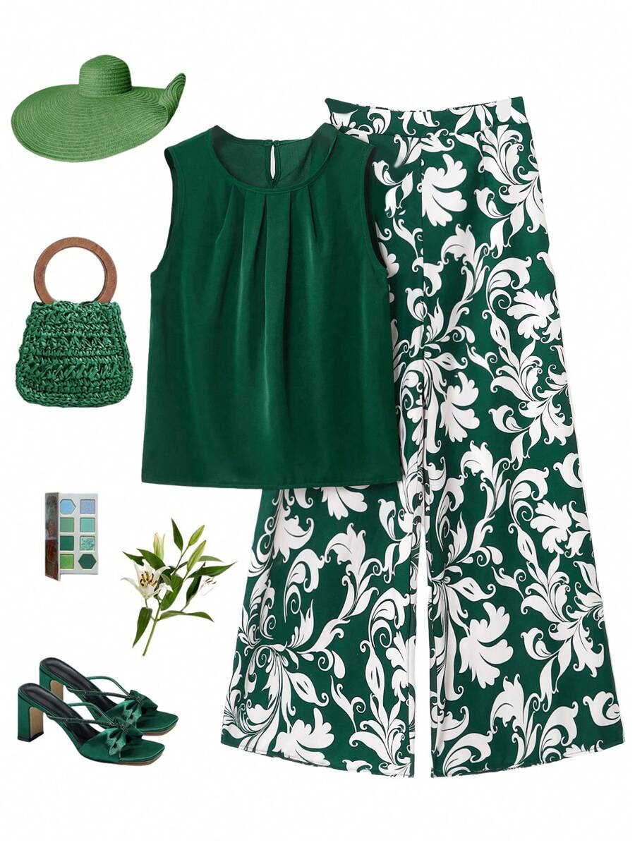 SHEIN Clasi 2pcs Women Easter Spring Green Curl Flower Print Pants Set - Multicolor - View 1