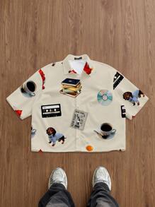 Manfinity Hypemode Camisa casual de manga corta con estampado total para hombres en verano - Caqui - Ver 1