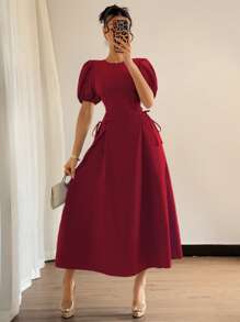 Elenzga Vestido elegante y romántico para vacaciones, ajustado a la cintura, con volantes, mangas abultadas y hombros descubiertos, de color azul francés, para bodas de verano de 2025