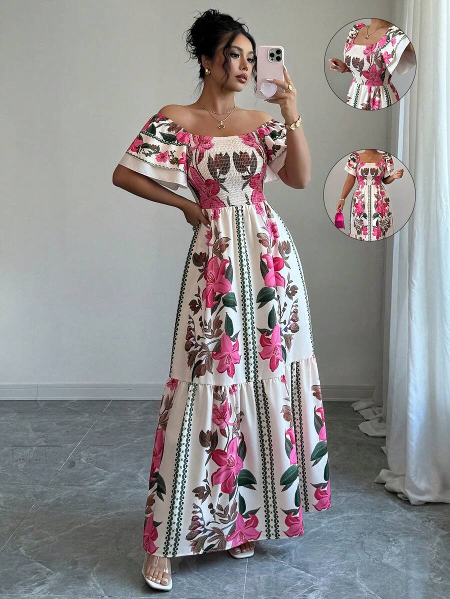Elenzga Đầm Maxi in hoa dáng chữ A nhún bèo eo cao thanh lịch, giản dị, thoải mái và thời trang cho nữ - Hồng - Xem 1