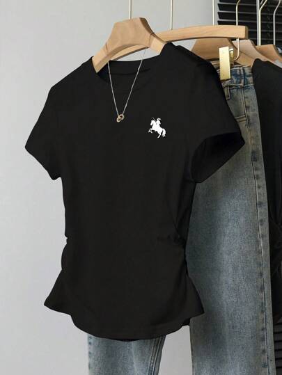 INAWLY تي شيرت لمزعة الخصر للنساء، تصميم طباعة جديد بطبعة الفارس لفصل الصيف