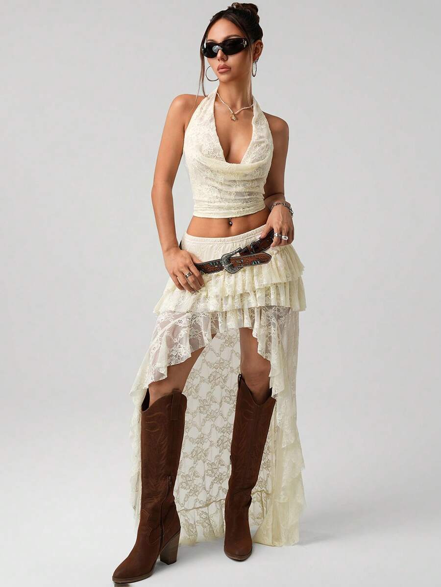 SHEIN ICON 2pcs/Set Women Lace Halter Neck Camisole And Asymmetrical Hem Mini Skirt 4th Of July Women Outfits Back To School - White - View 1