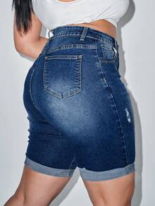 SHEIN Essnce Plus Size Denim Shorts - Medium Wash - View 4