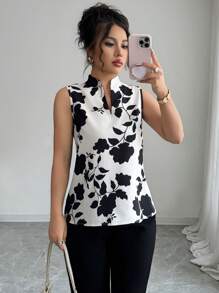 Elenzga V-Neck Silhouette Print Sleeveless Half-Placket Shirt Blouse
