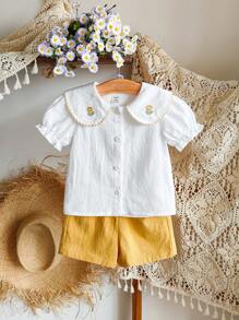 SHEIN Vintaside Kids طقمين ملابس أنيقة وعصرية للأطفال البنات لفصلي الربيع والصيف، طراز القرية المجعد المنقش