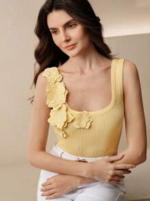 Anewsta Vielseitiges Damen-Tanktop mit Rundhalsausschnitt und 3D-Blumenmuster, buttergelb, Sommer - Gelb - Übersicht 1
