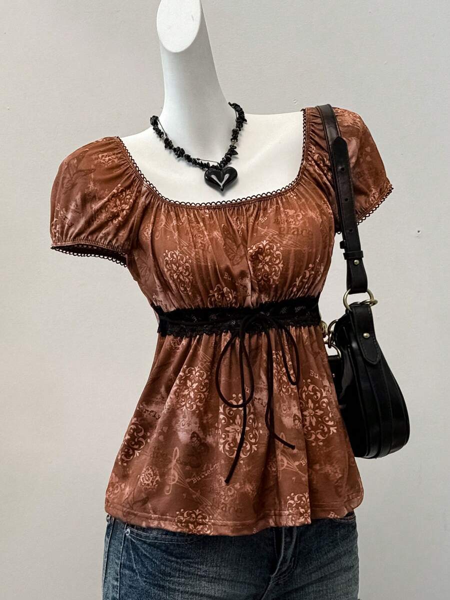SHEIN EZwear 棕色复古印花针织方领蕾丝蝴蝶T恤女款，夏季 - 棕色 - 查看 1