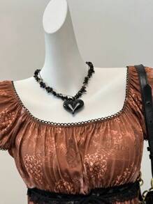 SHEIN EZwear 棕色复古印花针织方领蕾丝蝴蝶T恤女款，夏季 - 棕色 - 查看 4