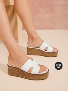 SHUZIA Wide Width Luxe-Inspired Women's Harness Cut Out Square Toe Cork Platform Minimalist Pu White Slides–Plus Size Timeless, Stylish & Comfortable