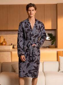 SHEIN Men's Casual Loose Waist Belt Long Sleeve Robe, Suitable For All Seasons - Multicolor - View 1