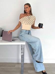 Siren Gaze Top corto asimétrico de mujer con estampado de lunares para verano y vacaciones - Albaricoque - Ver 3