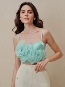 Anewsta Summer Camisole Spaghetti Strap Crop Top Overlay With Voluminous Organza Floral