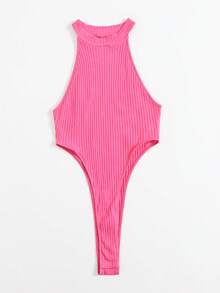 SHEIN ICON Solid Rib-knit Bodysuit - Hot Pink - View 4