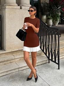 Siren Gaze 高腰百褶下摆拼布圆领百搭迷你连衣裙