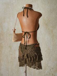 SHEIN ICON Women's Vacation Waist Cutout Ruffle Hem Fashion Coverup Skirt, Y2k Clothes Women Bohemian Skirt Hippie Skirt Bikini Cover Up Skirt Khaki Skirt Lace Skirt - Green - View 2