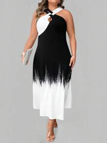 SHEIN LUNE Plus Size Women Ombre Halter Neck Dress, Suitable For Outdoor & Holiday - Multicolor - View 3