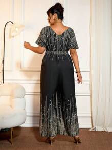 Cravure Plus Size Women V-Neck Batwing Sleeve Metallic Sequins Graphic Jumpsuit, Sexy Wide Leg One Piece Playsuit For Summer - Multicolor - View 2