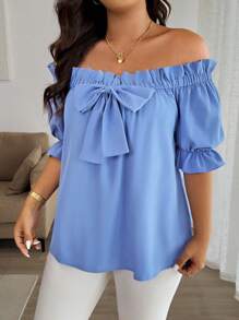 Easura Plus Size Women's Versatile Off Shoulder & Square Neck Blouse, Elegant For Office Wear, With Bow