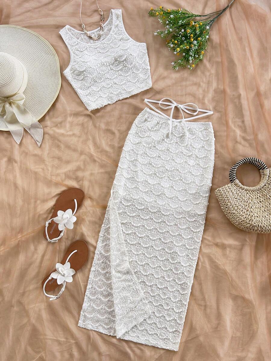 Soleia Women Holiday Summer White Floral Lace Cami Top And Split Skirt Set, Casual For Dates, Afternoon Tea, Parties, Music Festivals, Boho Vacation Lace 2 Pieces Set Crochet Skirt Set White Skirt And Top Set Beach Outfits For Woman Skirt Set