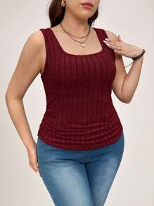 SHEIN LUNE Plus Size Women's Solid Color Wide Strap Simple Ribbed Tank Top, Casual Everyday Wear - Burgundy - View 4