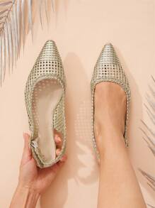 SHUZIA 女士时尚编织尖头露跟平底鞋 - 金色 - 查看 2