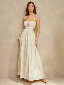 L'Amorae 女士优雅纯色象牙白花朵孔眼无袖镂空A字形吊带后背细节飘逸夏日度假长裙，女士夏季服装，度假服装，美国独立日服装，女士沙滩装