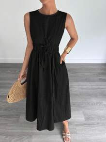 Siren Gaze Váy dài chữ A không tay bằng vải lanh cotton dành cho nữ, mùa xuân và mùa hè - màu đen - Xem 3