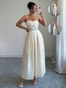 Elenzga Vestido de unicolor con diseño de bordado floral, cintura texturizada, ruedo con volantes, silueta evasé, sin mangas, elegante, informal, cómodo, romántico, adecuado para vacaciones, graduación, días festivos y el día a día. - Albaricoque - Ver 6