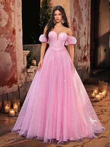 Glamrae 优雅粉色迷人全长闪亮网眼露肩灯笼袖 V 领超大 A 字裙，可调节背部蝴蝶结，适合毕业典礼、婚礼、正式活动、生日派对、舞会、毕业礼服、礼服、晚会、婚礼宾客 - 粉色 - 查看 5