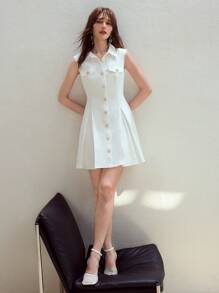 MOTF STUDIO VESTIDO CORTO DE ALGODÓN 100% CON CUELLO CEÑIDO Y CINTURA ELEGANTE - Blanco - Ver 1