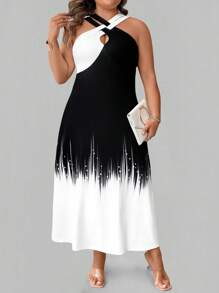 SHEIN LUNE Plus Size Women Ombre Halter Neck Dress, Suitable For Outdoor & Holiday - Multicolor - View 5